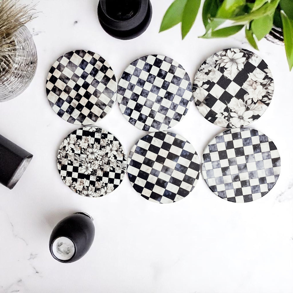 Black white gingham ceramic coasters courtly check pattern luxury checkered design floral accents cork backbotanical ceramic coasters courtly check black white checkered floral gingham pattern luxury cork back decor